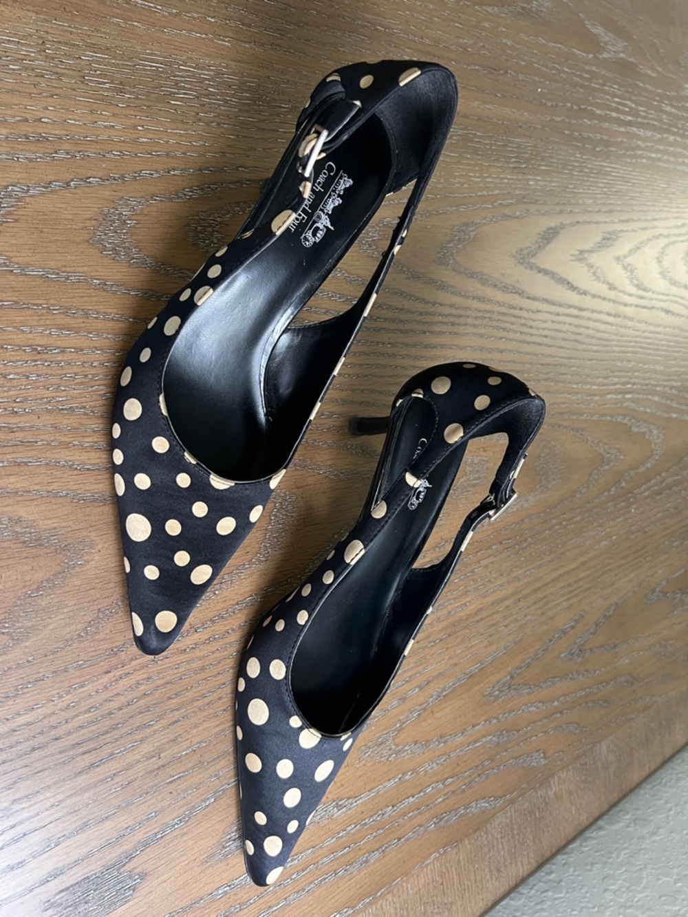 Coach and Four Black Slingback Pumps with Gold Polka Dots